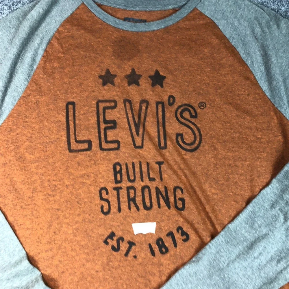 LEVIS BUILT STRONG EST 1873 Raglan Long Sleeve T Shirt Mens XL Orange‎ Gray